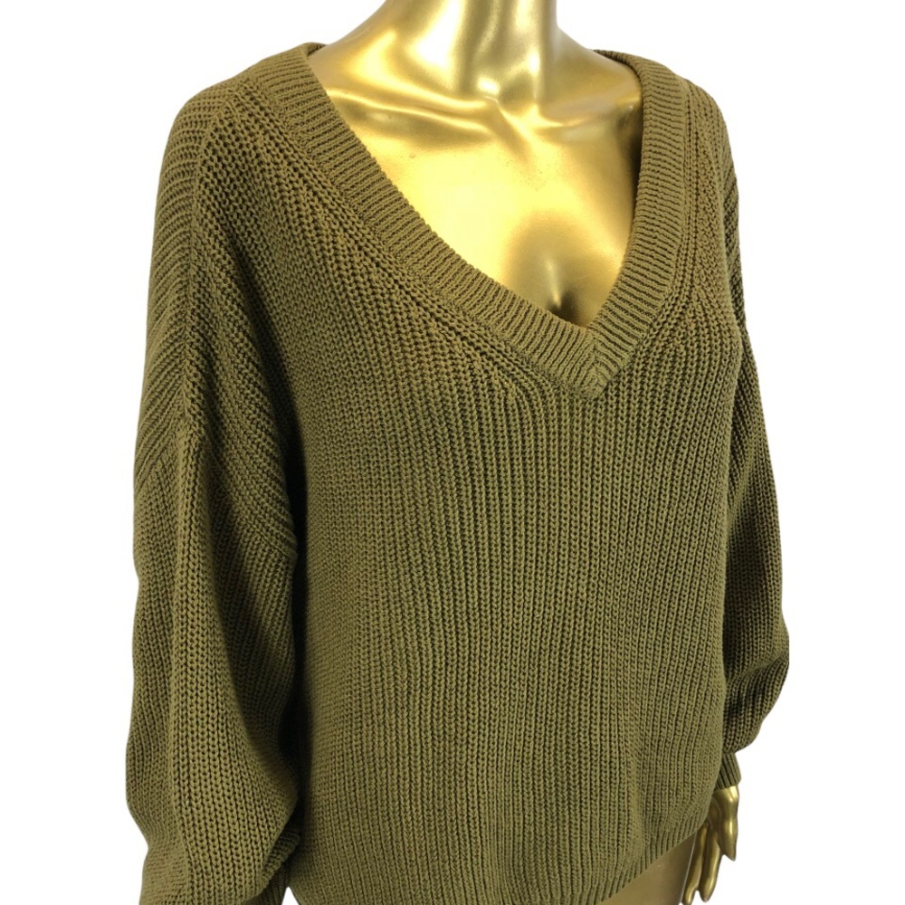 BP Olive Green Cotton Knit Sweater Large Relaxed Fit V Neck Pullover